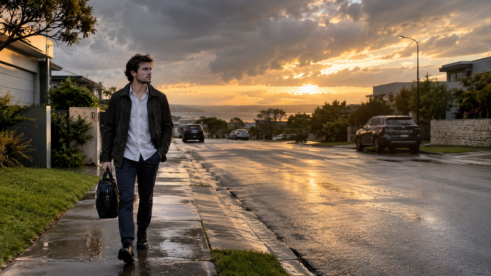 a young Australian man walking alone along a suburban street just after rain, carrying a work bag